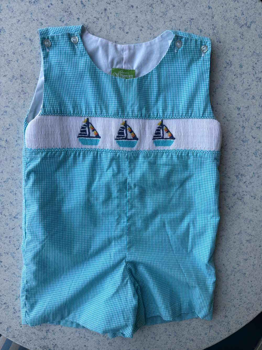 Turquoise Gingham Sailboat Smocked One-Piece for Kids
